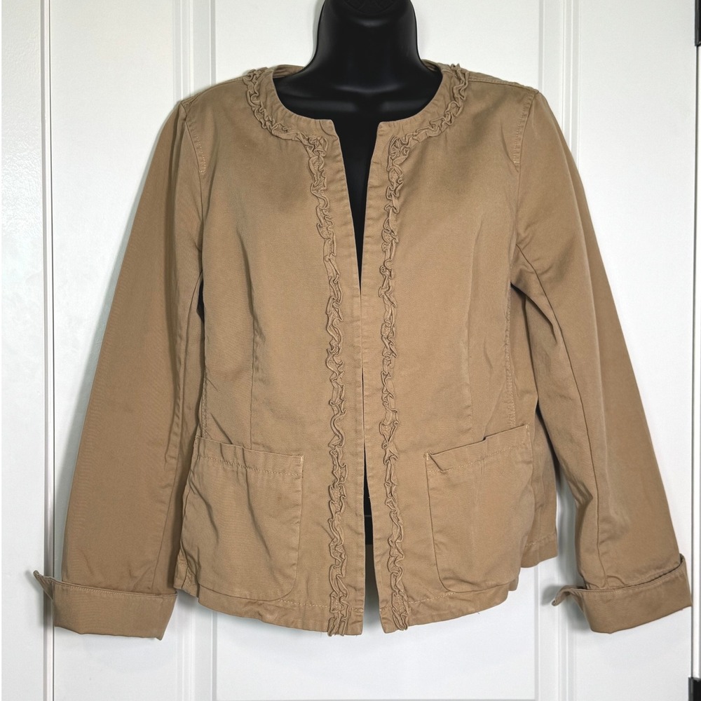 J. Crew Classic‎ Twill Chino Jacket Weathered Ruffle Trim Neutral Tan